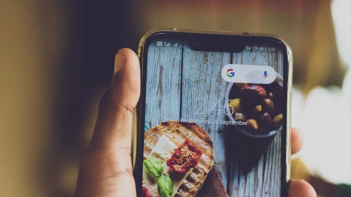 A person taking a photo of their restaurant meal with a smartphone to log it