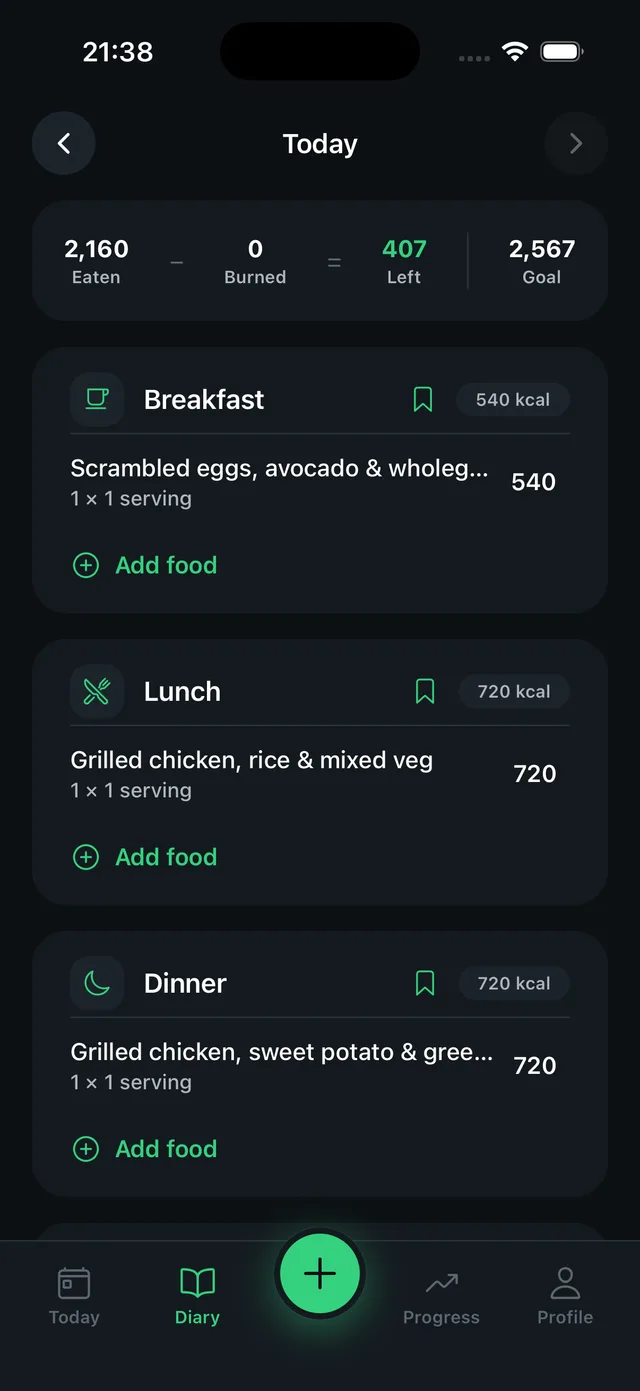 Nutrivo food diary with logged meals